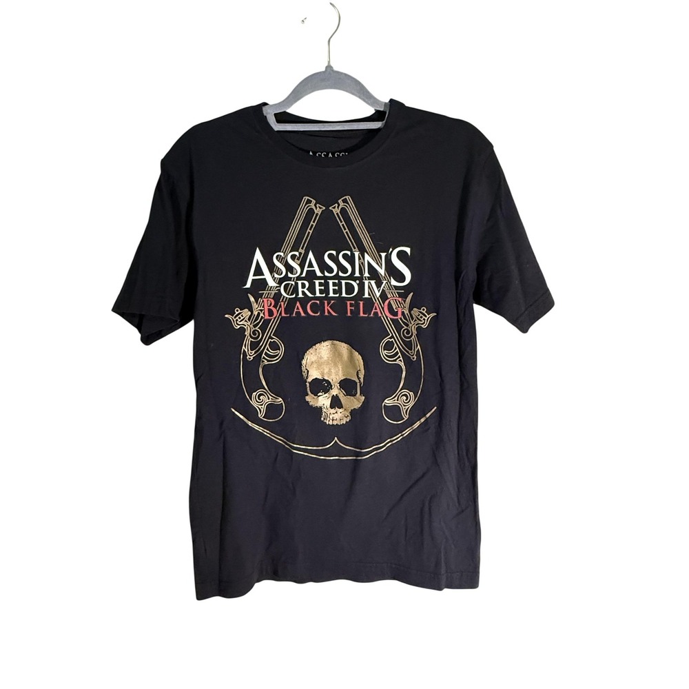 Assassins Creed IV Black‎ Flag Graphic T-Shirt Mens Medium Black Skull Gold 2014